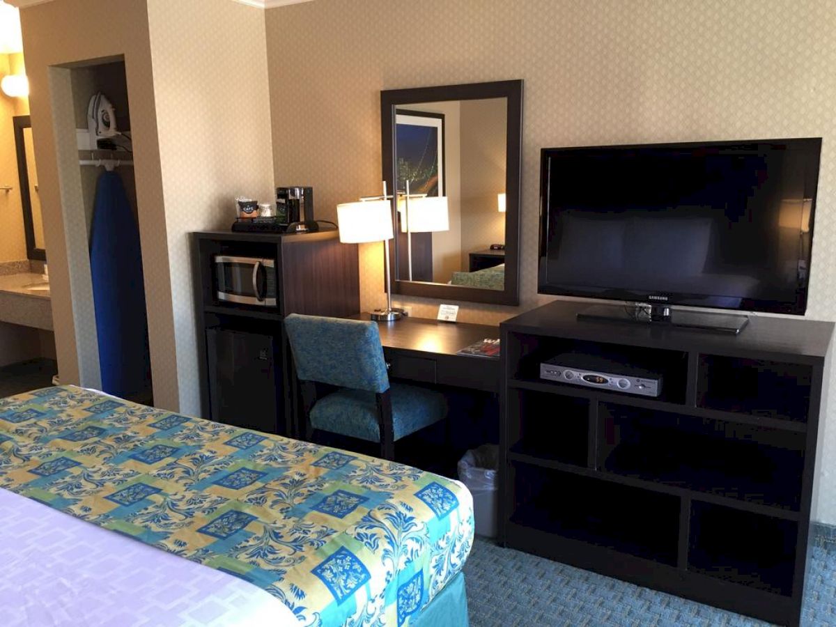 A hotel room with a bed, TV, desk, chair, mirror, lamps, coffee maker, microwave, and closet. The bedding has a floral design.